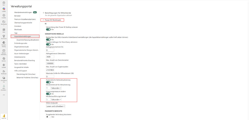 Screenshot des Microsoft Fabric Verwaltungsportals mit den Kapazitätseinstellungen. Die automatische Seitenaktualisierung (Auto Page Refresh) ist auf ein Mindestintervall von einer Sekunde konfiguriert.